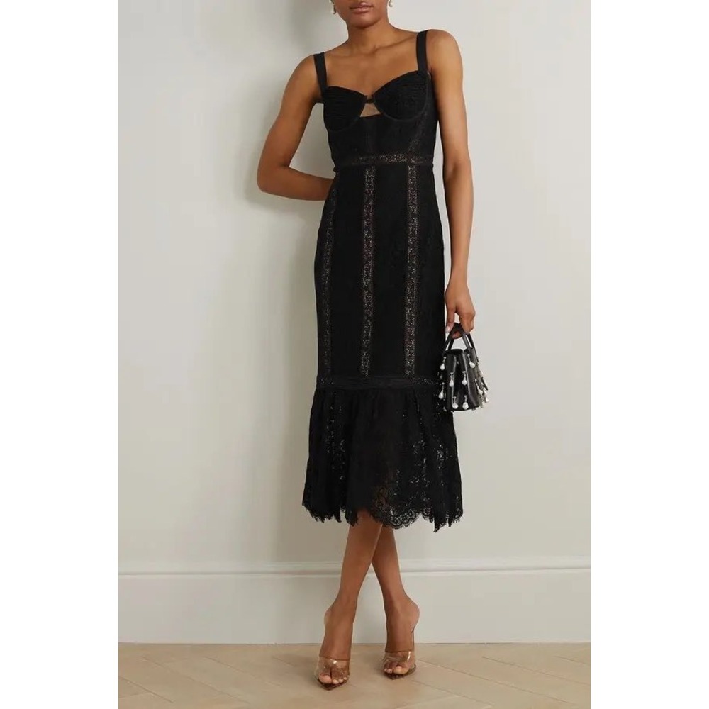 Self-Portrait Black Cord Lace Midi Dress Corset Bustier Bodycon Sheer Ruffle 6‎